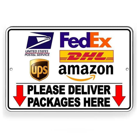 Image of Deliver Packages Here Arrows Down Sign