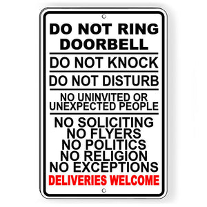 Do Not Ring Doorbell Knock Disturb Deliveries Welcome Sign Metal SI187