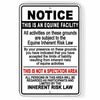 Equine Facility Inherent Risk Law Metal Sign horses stable