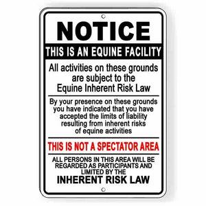 Equine Facility Inherent Risk Law Metal Sign horses stable