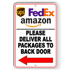 Please Deliver All Packages To Back Door Arrow Left Sign