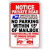 Private Road No Parking Within 15' Mailbox Or Towed Sign NP065