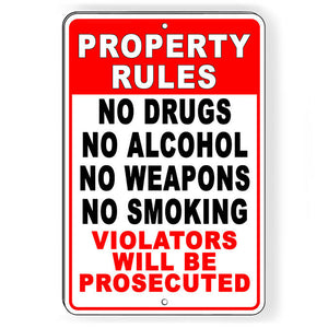 Property Rules No Smoking Drugs Alcohol Weapons Sign W089