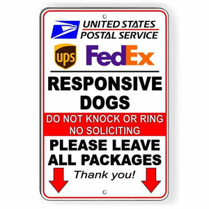 Responsive Dogs Do Not Knock Leave Packages No Solicting Sign Metal USPS SI037