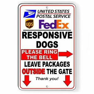 Responsive Dogs Ring Bell Leave All Packages Outside Gate Sign Metal USPS SI051