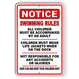 Swimming Rules Children Accompanied By Adult Wear Life Jacket Sign SafetySW006