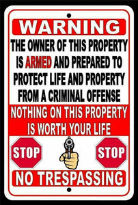 WARNING Owner Is Armed And Prepared To ProtectNot Worth Your Life Sign SSG002